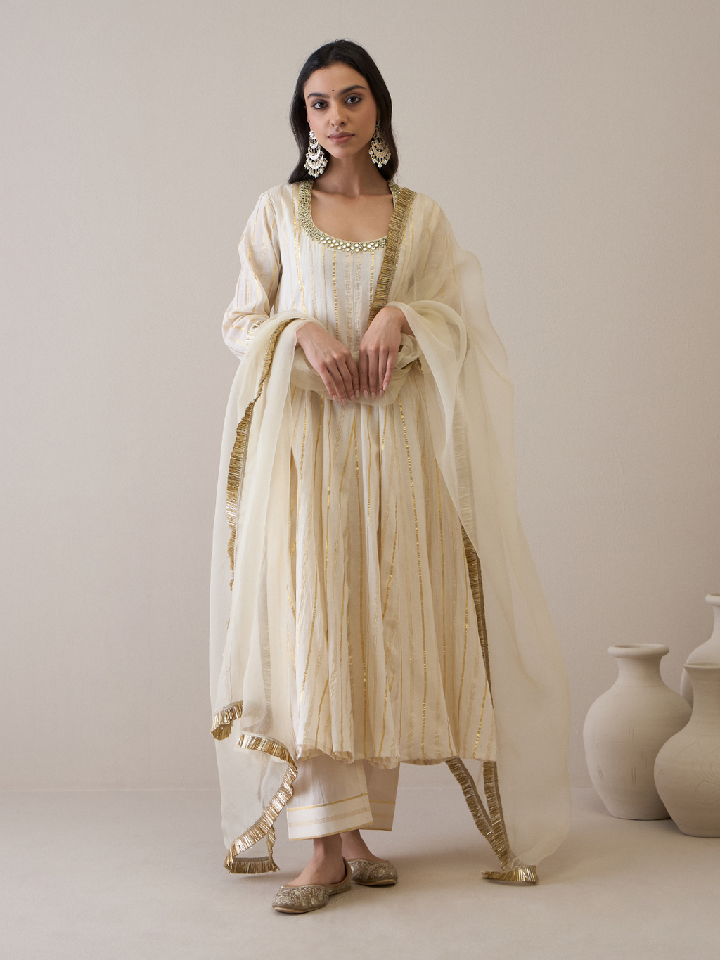 Mirror Embroidered Scoop Neck Anarkali Kurta Set with dupatta by RoohbyRidhimaa with Avani by RoohbyRidhimaa, Cotton, Festive Wear, Kurta Set with Dupattas, Mirror Embroidery, Regular Fit, Silk Organza, Toxin free, White at Kamakhyaa for sustainable fashion