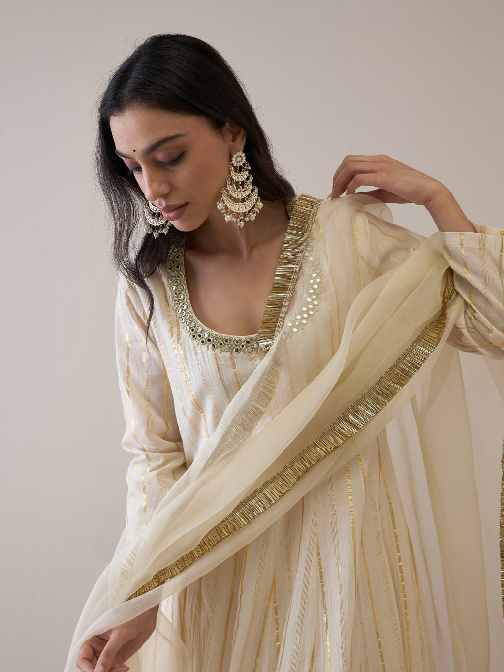 Mirror Embroidered Scoop Neck Anarkali Kurta Set with dupatta by RoohbyRidhimaa with Avani by RoohbyRidhimaa, Cotton, Festive Wear, Kurta Set with Dupattas, Mirror Embroidery, Regular Fit, Silk Organza, Toxin free, White at Kamakhyaa for sustainable fashion