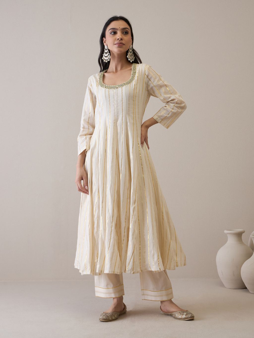 Mirror Embroidered Scoop Neck Anarkali Kurta Set with dupatta by RoohbyRidhimaa with Avani by RoohbyRidhimaa, Cotton, Festive Wear, Kurta Set with Dupattas, Mirror Embroidery, Regular Fit, Silk Organza, Toxin free, White at Kamakhyaa for sustainable fashion