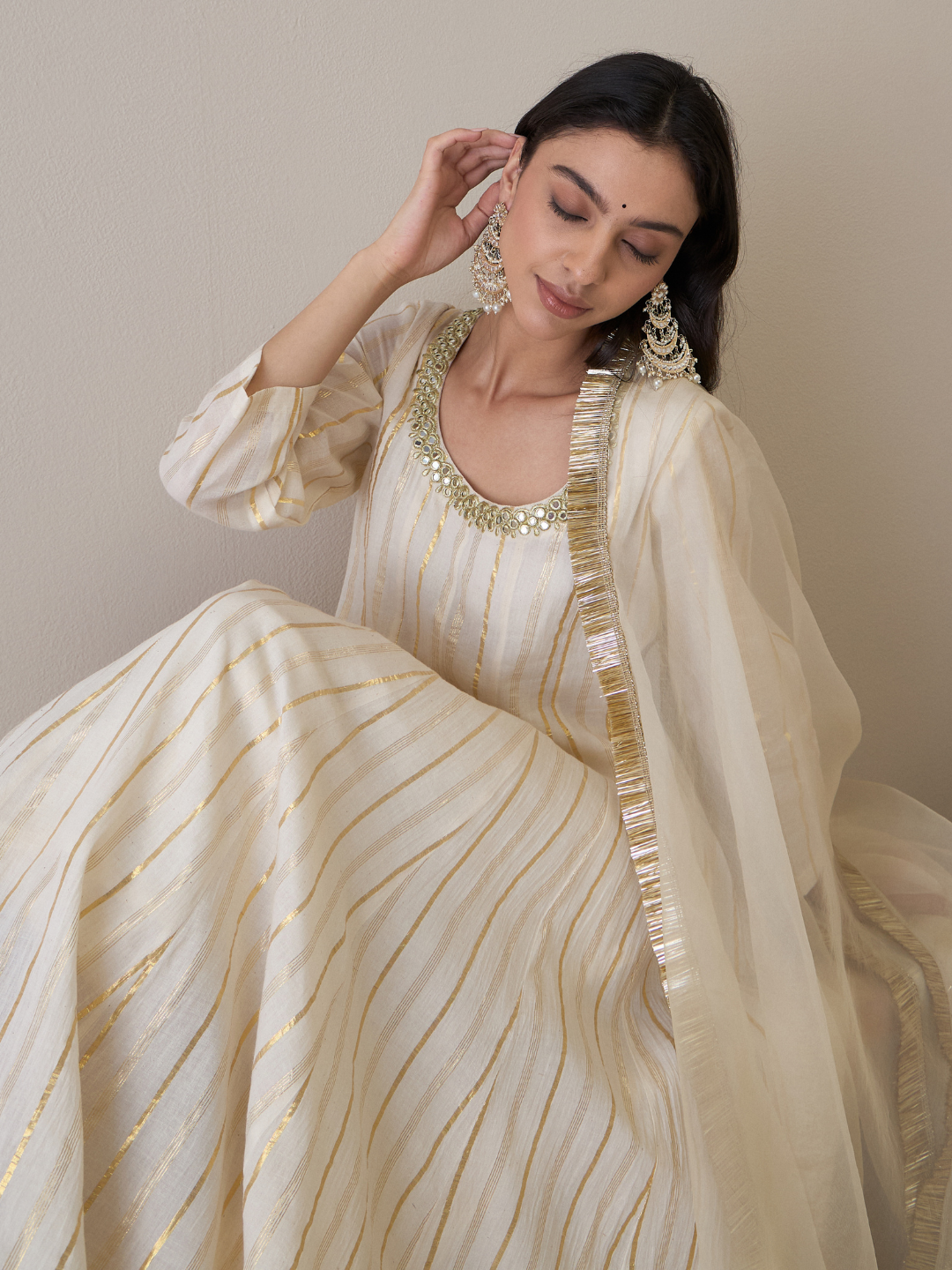 Mirror Embroidered Scoop Neck Anarkali Kurta Set with dupatta by RoohbyRidhimaa with Avani by RoohbyRidhimaa, Cotton, Festive Wear, Kurta Set with Dupattas, Mirror Embroidery, Regular Fit, Silk Organza, Toxin free, White at Kamakhyaa for sustainable fashion