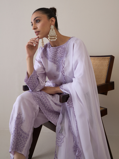 Purple Boat Neck Kurta Set with dupatta by RoohbyRidhimaa with Avani by RoohbyRidhimaa, Ethnic Wear, Kurta Set with Dupattas, Purple, Relaxed Fit, Resham Embroidered, Silk Organza, Toxin free, Viscose Raw Silk at Kamakhyaa for sustainable fashion