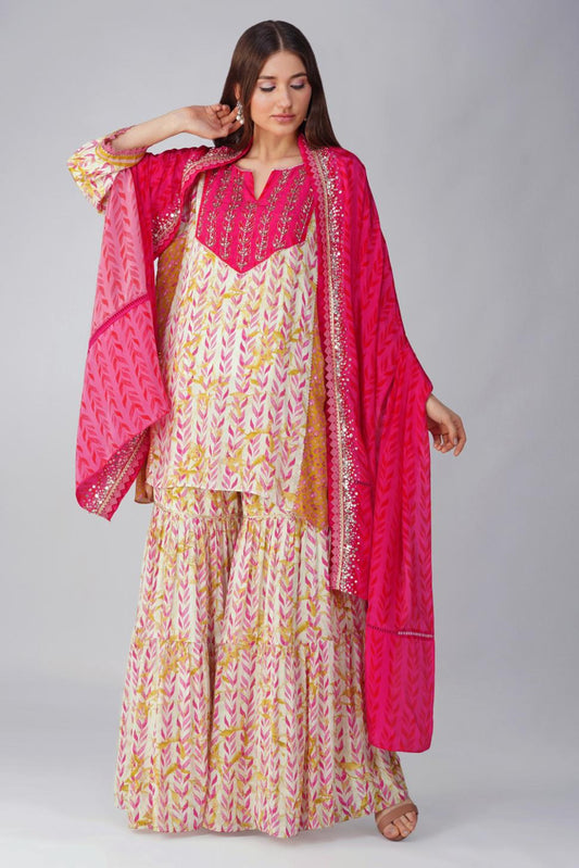 PINK LEAF PRINT GARARA SET by devyanimehrotra.com with EID OUTFIT, PRINTED GARARA at Kamakhyaa for sustainable fashion