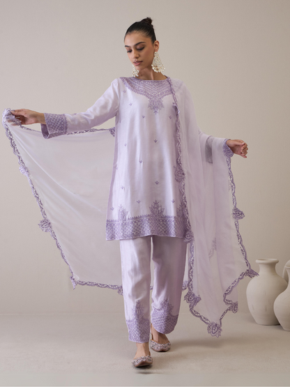 Purple Boat Neck Kurta Set with dupatta by RoohbyRidhimaa with Avani by RoohbyRidhimaa, Ethnic Wear, Kurta Set with Dupattas, Purple, Relaxed Fit, Resham Embroidered, Silk Organza, Toxin free, Viscose Raw Silk at Kamakhyaa for sustainable fashion