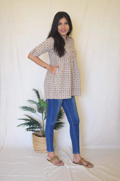 Beige Cotton Top by Hasttvam with CottonPatternCasual WearBeigeHandmade by artisans, Natural dyes, Respondible production and Vegan at Kamakhyaa for sustainable fashion