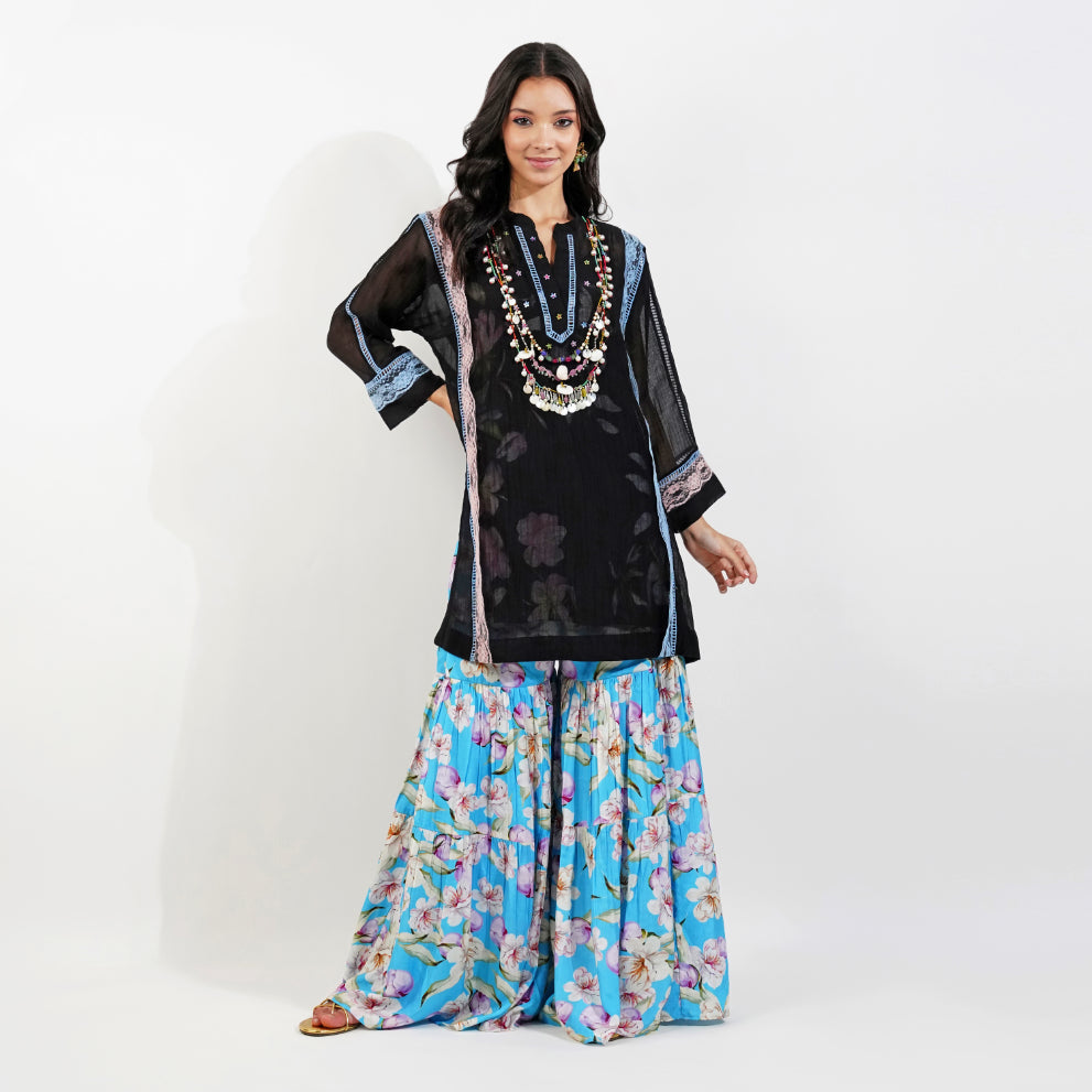 Shabby Chic Floral Garara Set- Black by devyanimehrotra.com with garara sets, GARARA SUIT, KURTA SETS, PRINTED GARARA at Kamakhyaa for sustainable fashion