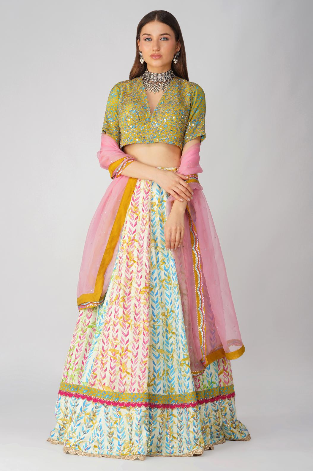 LEAF PRINT LEHENGA SET by devyanimehrotra.com with at Kamakhyaa for sustainable fashion