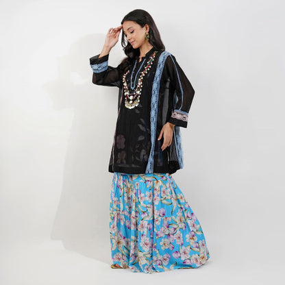 Shabby Chic Floral Garara Set- Black by devyanimehrotra.com with garara sets, GARARA SUIT, KURTA SETS, PRINTED GARARA at Kamakhyaa for sustainable fashion