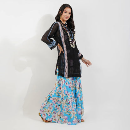 Shabby Chic Floral Garara Set- Black by devyanimehrotra.com with garara sets, GARARA SUIT, KURTA SETS, PRINTED GARARA at Kamakhyaa for sustainable fashion