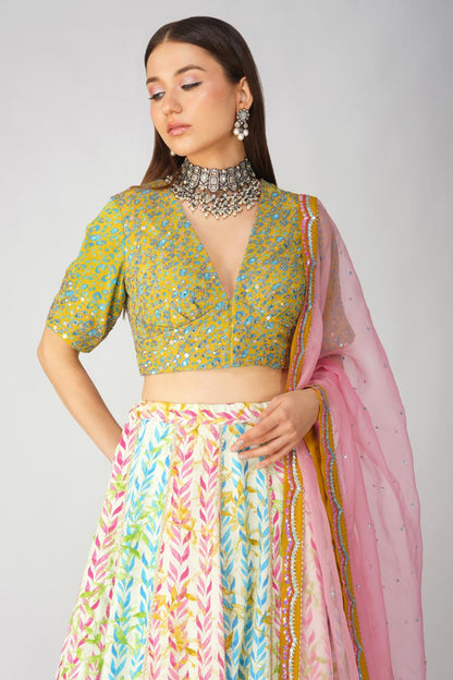 LEAF PRINT LEHENGA SET by devyanimehrotra.com with at Kamakhyaa for sustainable fashion