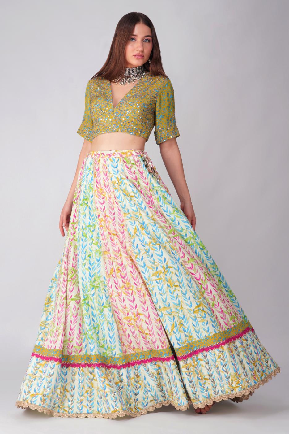 LEAF PRINT LEHENGA SET by devyanimehrotra.com with at Kamakhyaa for sustainable fashion