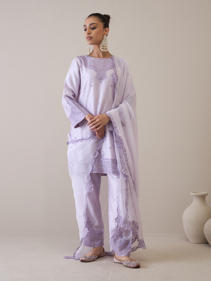 Purple Boat Neck Kurta Set with dupatta by RoohbyRidhimaa with Avani by RoohbyRidhimaa, Ethnic Wear, Kurta Set with Dupattas, Purple, Relaxed Fit, Resham Embroidered, Silk Organza, Toxin free, Viscose Raw Silk at Kamakhyaa for sustainable fashion