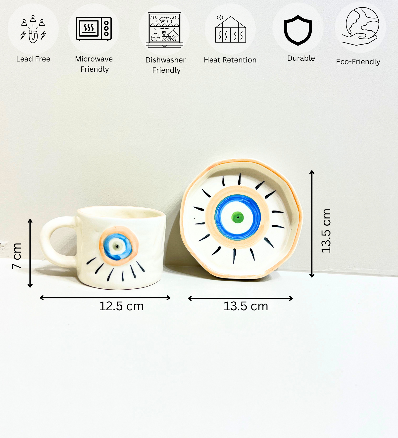 Sunstone Gaze – Evil Eye Ceramic Mug & Plate Set by Aetherea World with at Kamakhyaa for sustainable fashion