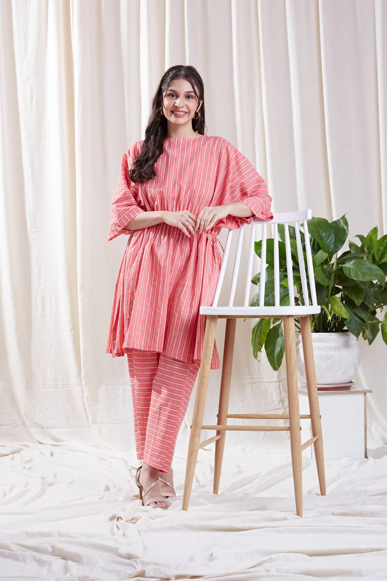 Sara Pink Co-Ord Set by Hasttvam with Cotton, Fusion Wear, Handmade by Artisans, Natural dyes, Pink, Relaxed Fit, Respondible production and Vegan, Stripes at Kamakhyaa for sustainable fashion