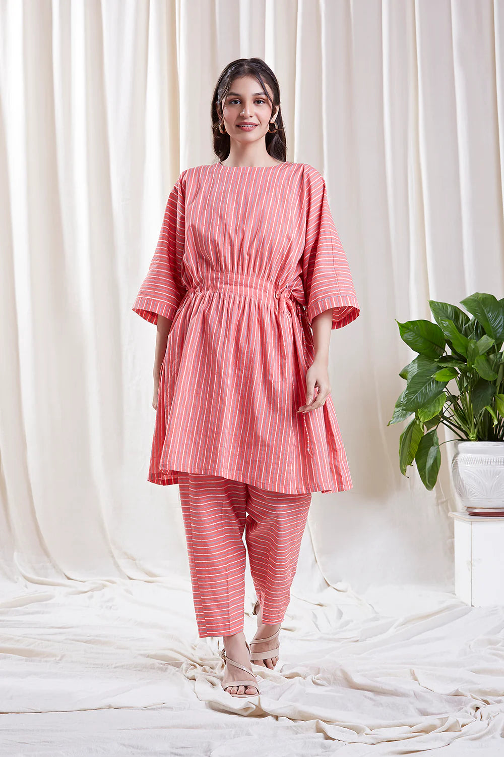 Sara Pink Co-Ord Set by Hasttvam with Cotton, Fusion Wear, Handmade by Artisans, Natural dyes, Pink, Relaxed Fit, Respondible production and Vegan, Stripes at Kamakhyaa for sustainable fashion