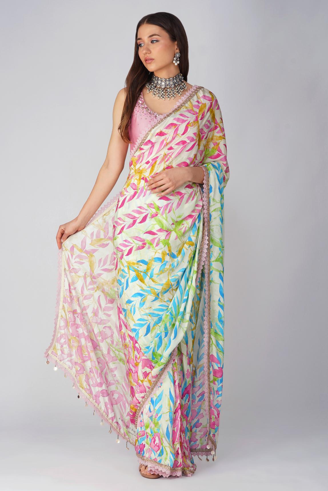 LEAF PRINT PRE-STITCHED SAREE SET by devyanimehrotra.com with saree at Kamakhyaa for sustainable fashion