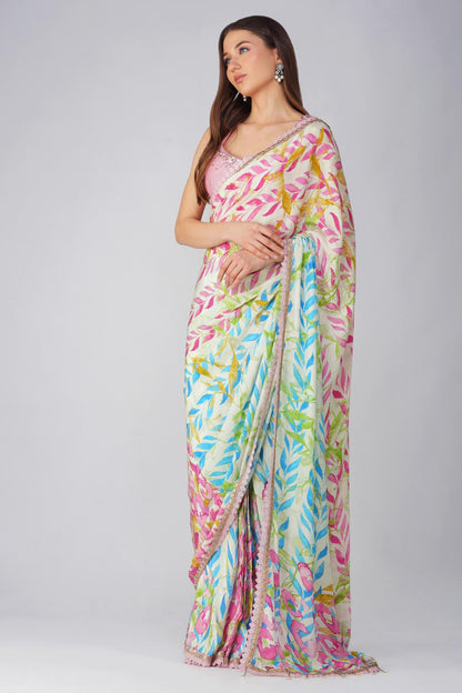 LEAF PRINT PRE-STITCHED SAREE SET by devyanimehrotra.com with saree at Kamakhyaa for sustainable fashion