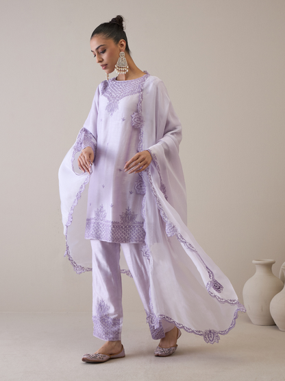 Purple Boat Neck Kurta Set with dupatta by RoohbyRidhimaa with Avani by RoohbyRidhimaa, Ethnic Wear, Kurta Set with Dupattas, Purple, Relaxed Fit, Resham Embroidered, Silk Organza, Toxin free, Viscose Raw Silk at Kamakhyaa for sustainable fashion