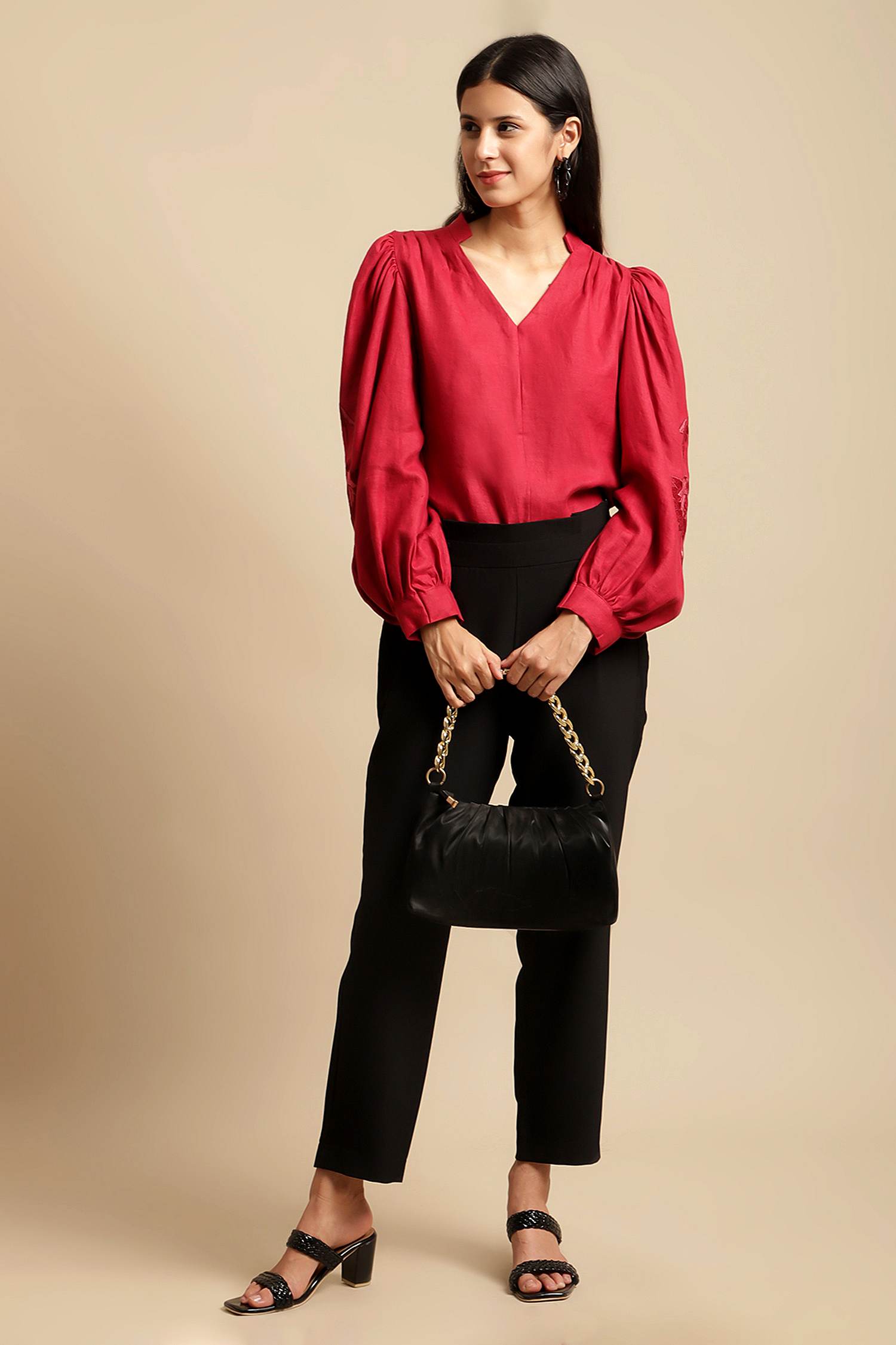 100% Hemp Vivienne Hemp Top Red by Ewoke with 100% Hemp, embroidered top, Hemp, hemp top, Nostalgia's Thread by Ewoke, statement sleeves top, white classic top at Kamakhyaa for sustainable fashion