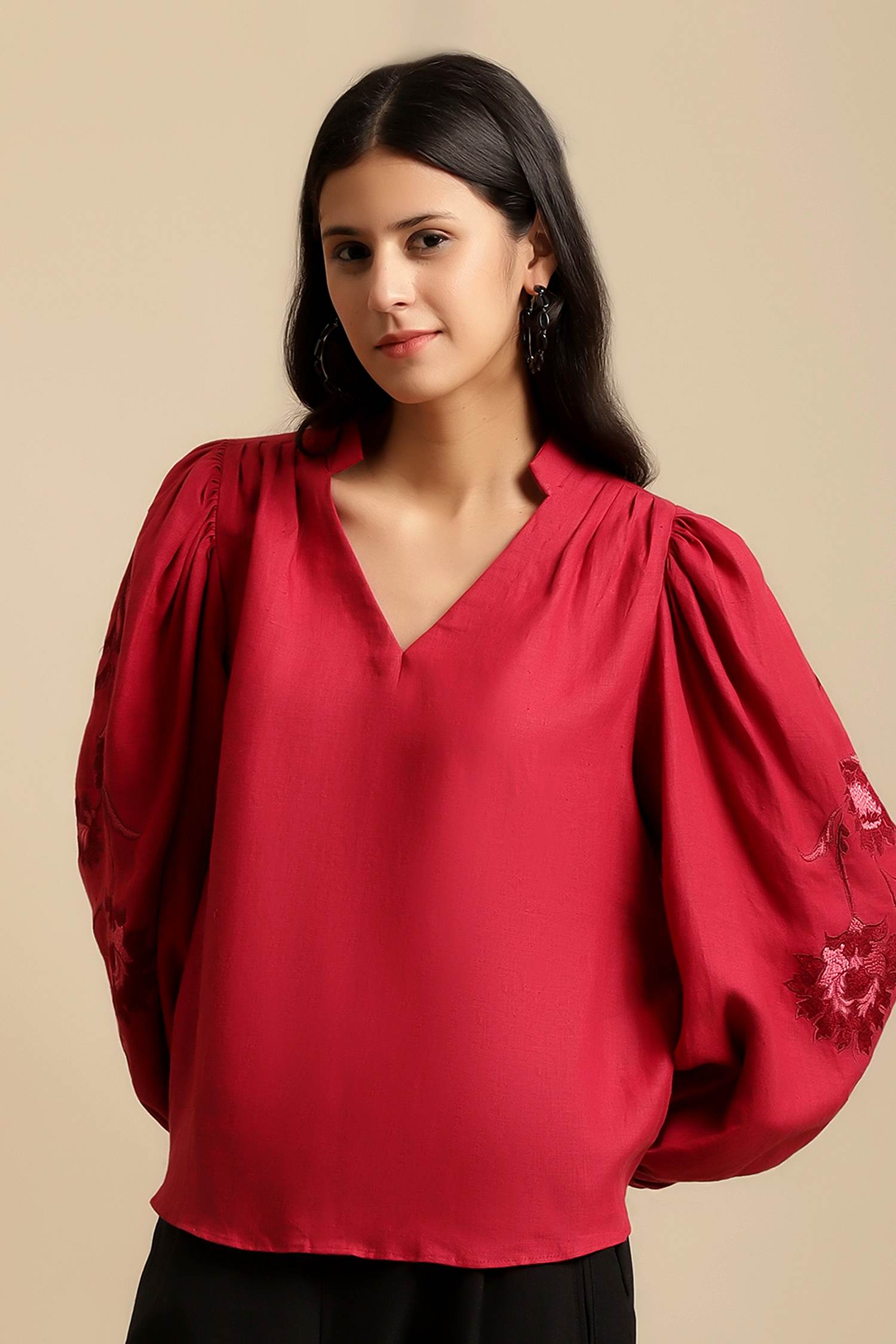100% Hemp Vivienne Hemp Top Red by Ewoke with 100% Hemp, embroidered top, Hemp, hemp top, Nostalgia's Thread by Ewoke, statement sleeves top, white classic top at Kamakhyaa for sustainable fashion
