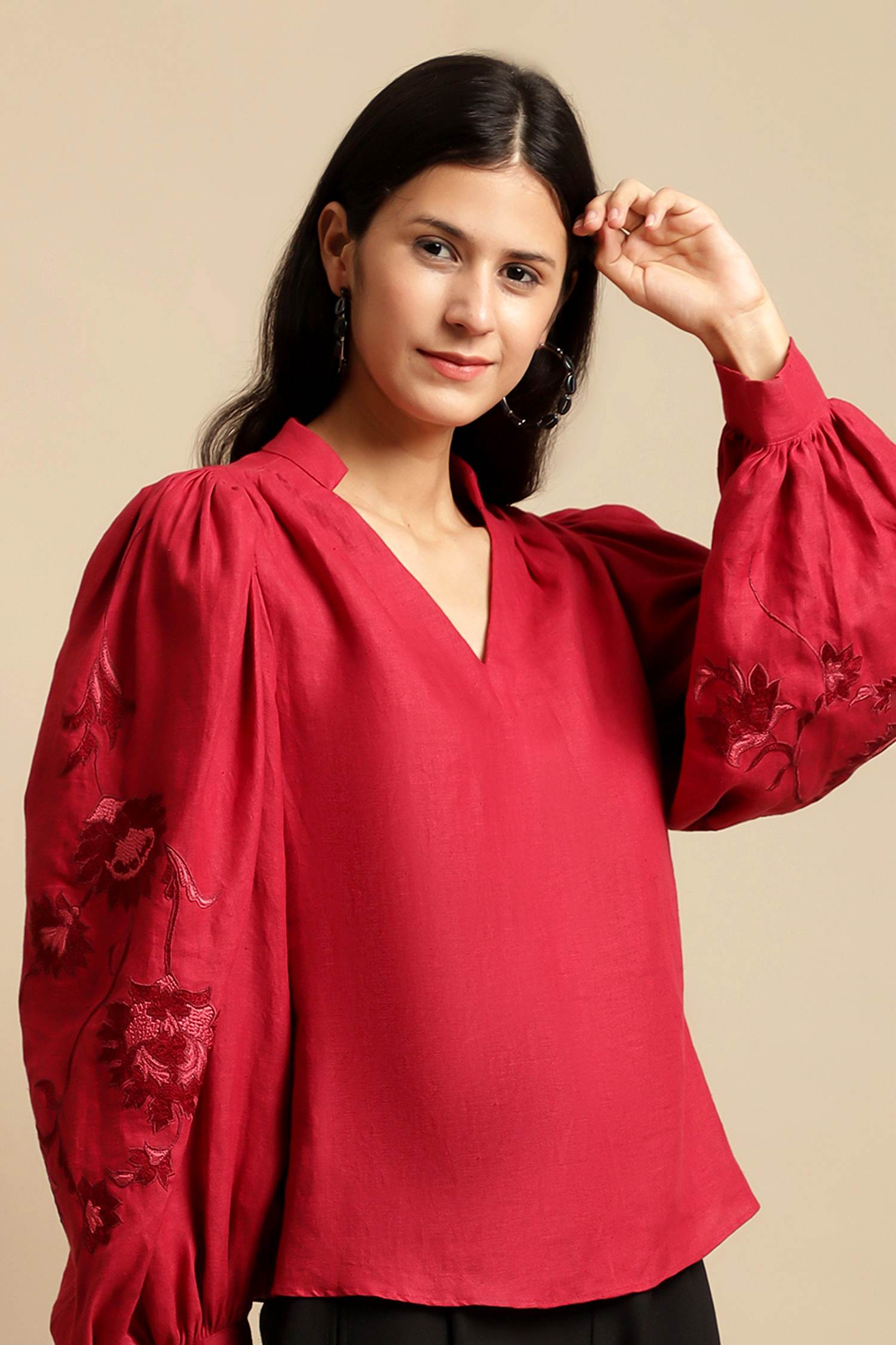 100% Hemp Vivienne Hemp Top Red by Ewoke with 100% Hemp, embroidered top, Hemp, hemp top, Nostalgia's Thread by Ewoke, statement sleeves top, white classic top at Kamakhyaa for sustainable fashion