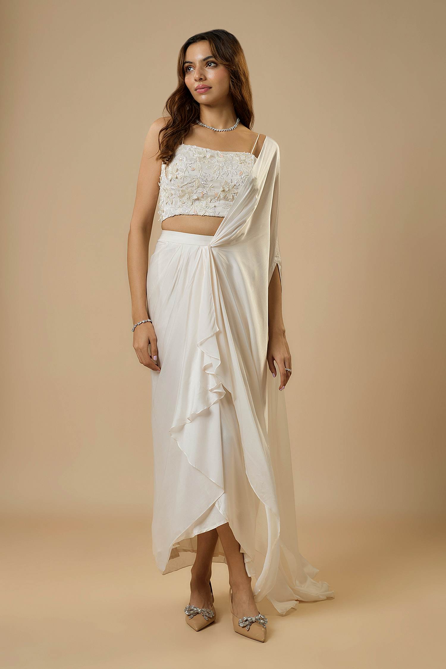 Georgette Ivory Drape Saree by Ewoke with destination wedding lehengas, embroidered lehengas, Georgette, Lehenga set, Nostalgia's Thread by Ewoke at Kamakhyaa for sustainable fashion