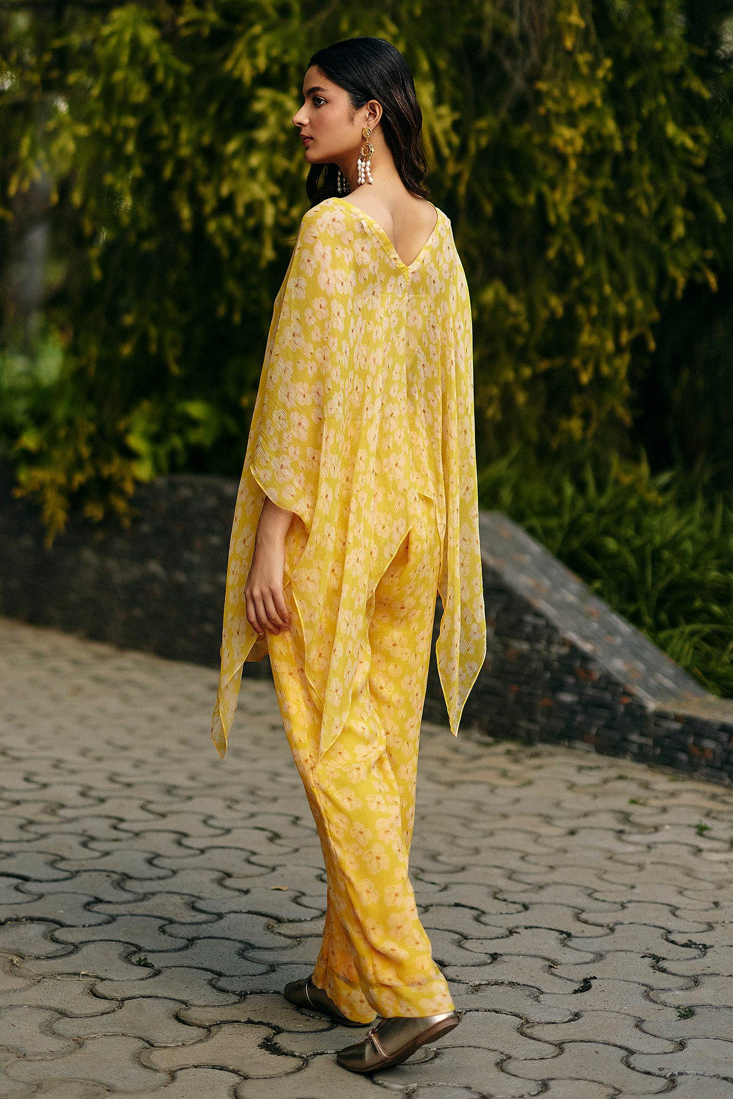 Chiffon Petal Haze Co-ord Set by Ewoke with Chiffon, In Her Element, Nostalgia's Thread by Ewoke, yellow coord set, yellow set, yellow top and trouser at Kamakhyaa for sustainable fashion