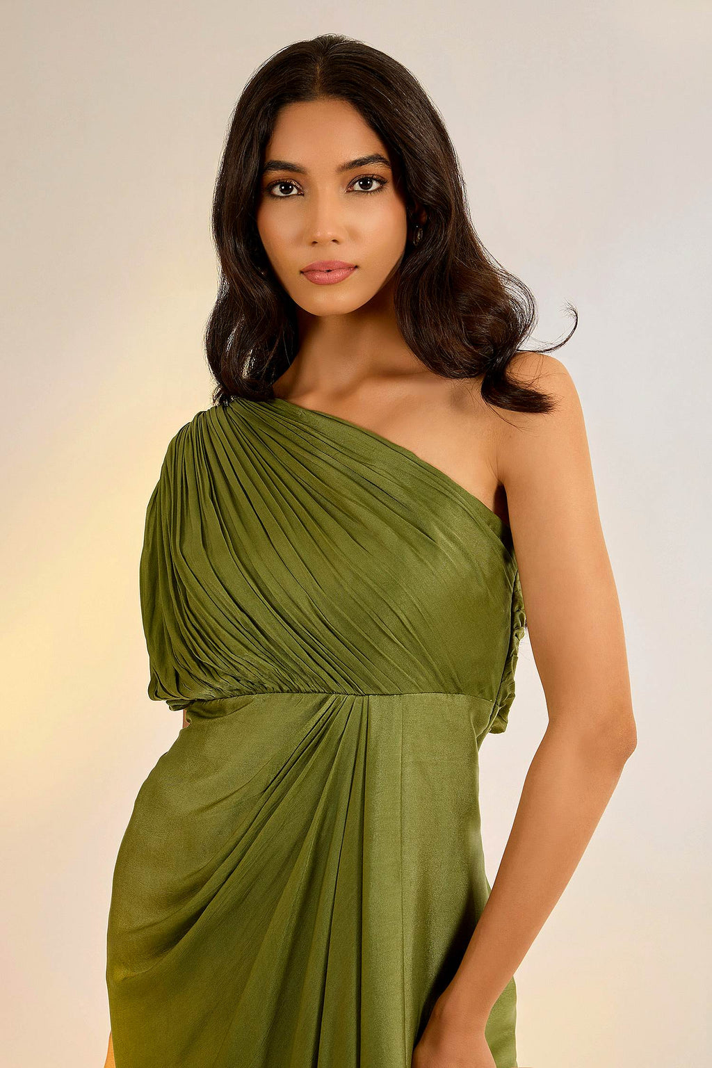 Green Georgette One Shoulder Cowl Draped Dress with Satin Beads, Pearls, Embroidery by Ewoke with cowl neck, dress, Georgette, In Her Element, Nostalgia's Thread by Ewoke, sustainable fashion, White, white dress at Kamakhyaa for sustainable fashion