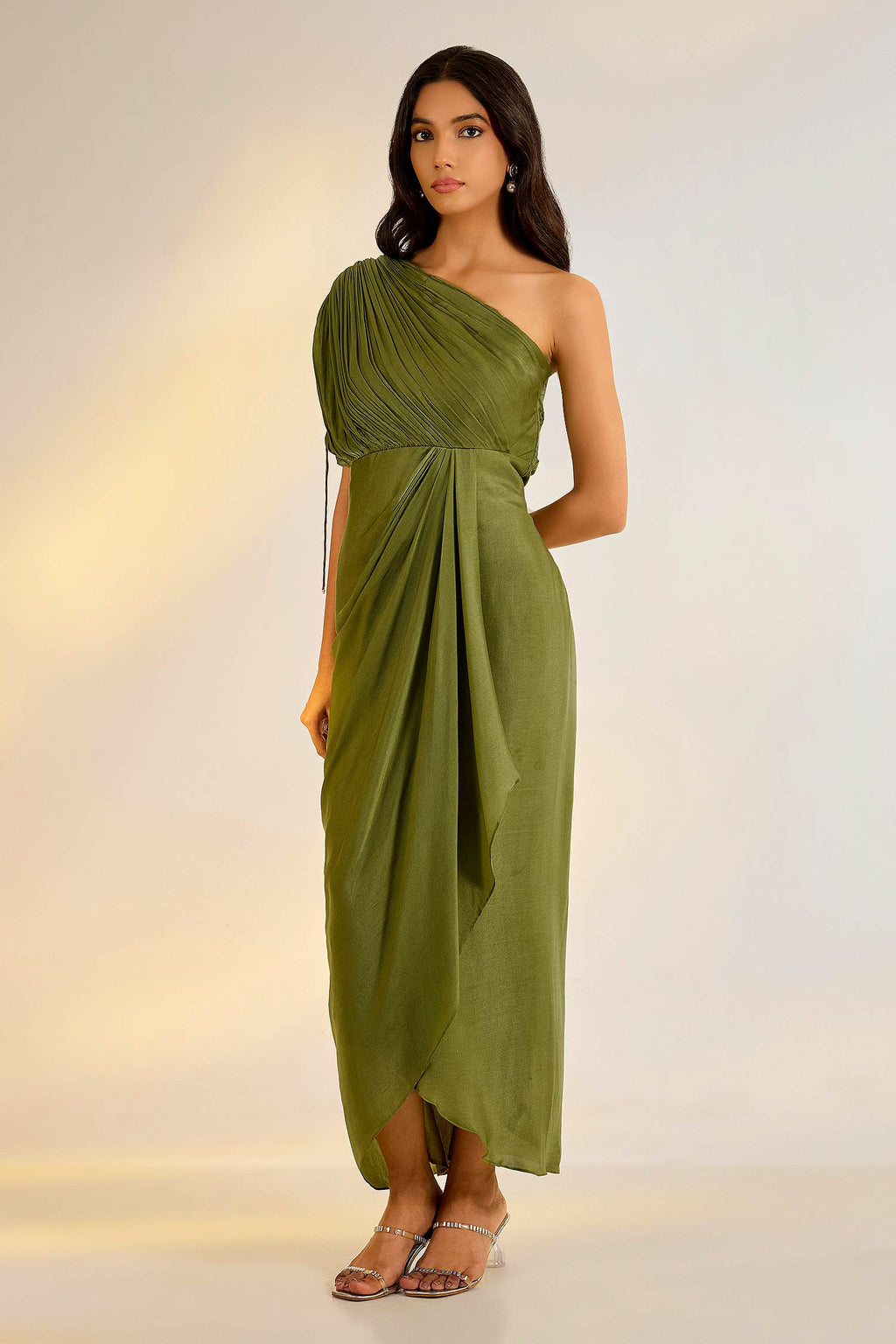Green Georgette One Shoulder Cowl Draped Dress with Satin Beads, Pearls, Embroidery by Ewoke with cowl neck, dress, Georgette, In Her Element, Nostalgia's Thread by Ewoke, sustainable fashion, White, white dress at Kamakhyaa for sustainable fashion