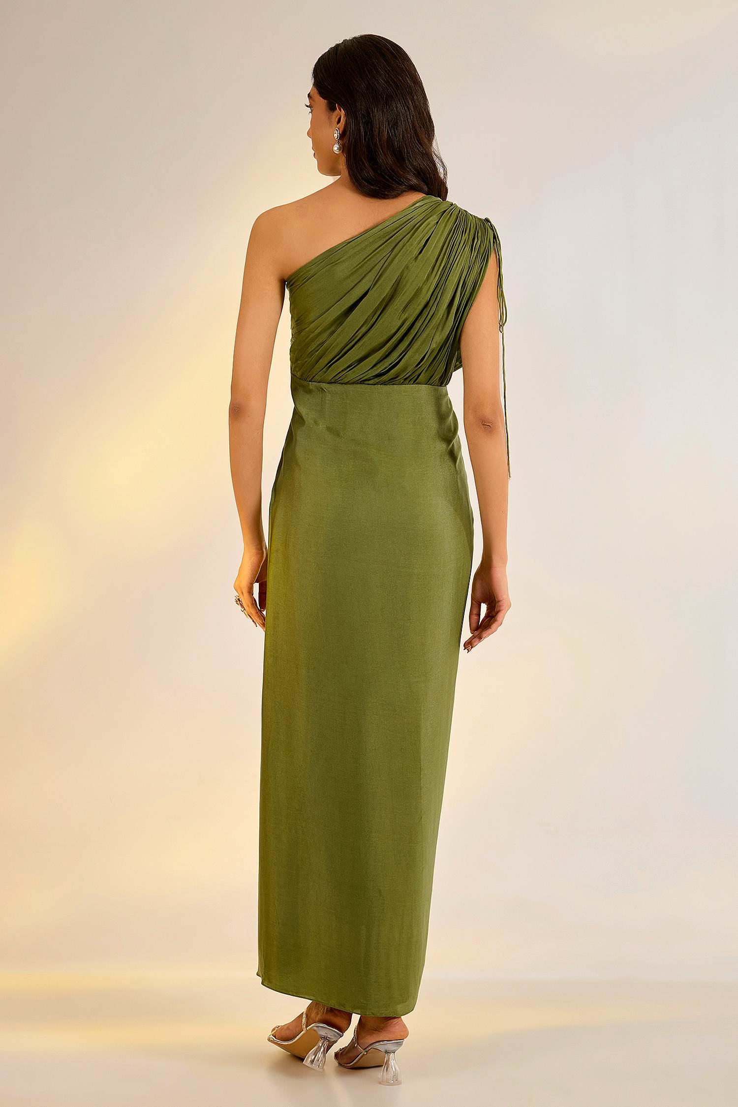 Green Georgette One Shoulder Cowl Draped Dress with Satin Beads, Pearls, Embroidery by Ewoke with cowl neck, dress, Georgette, In Her Element, Nostalgia's Thread by Ewoke, sustainable fashion, White, white dress at Kamakhyaa for sustainable fashion
