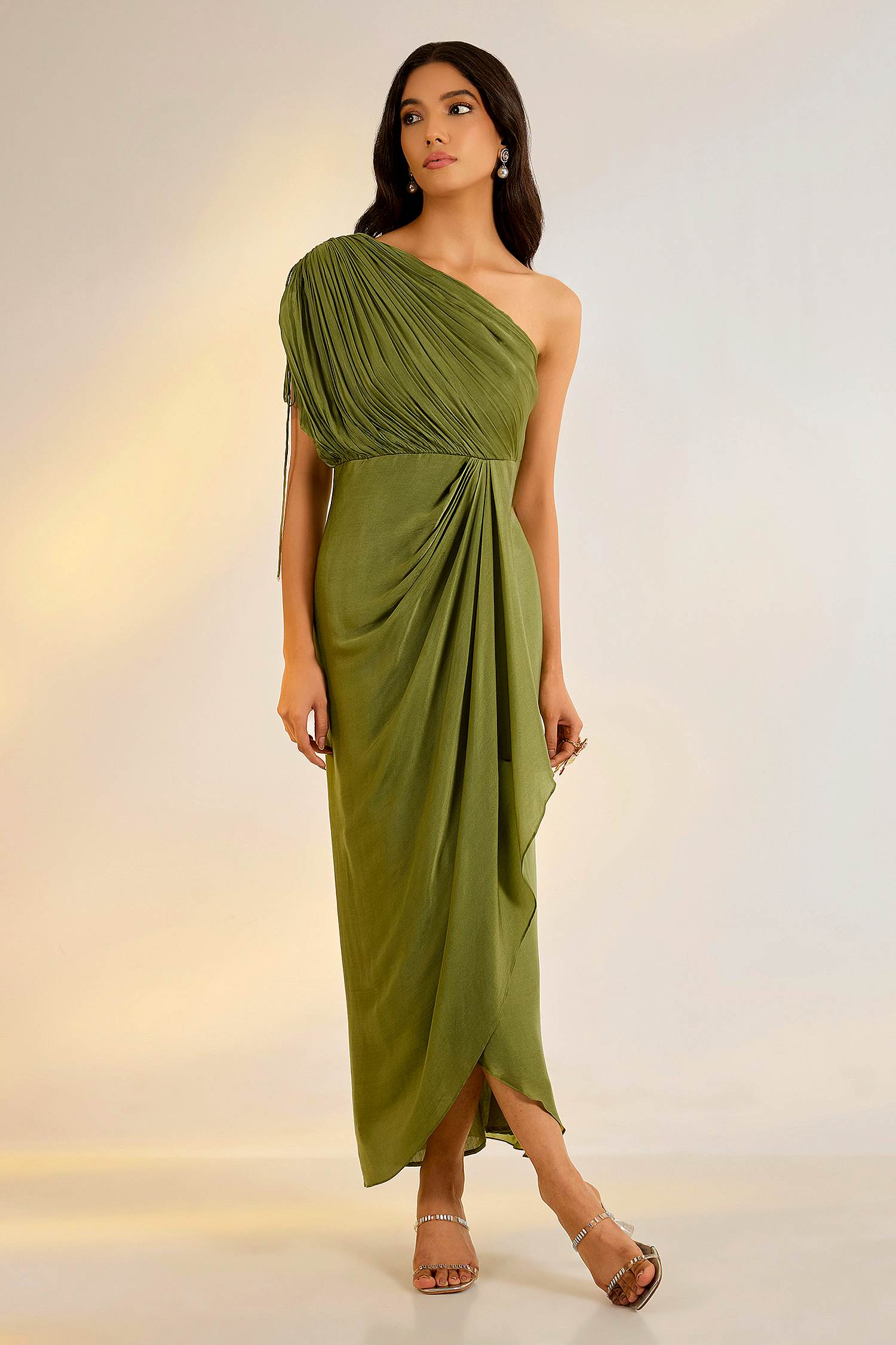 Green Georgette One Shoulder Cowl Draped Dress with Satin Beads, Pearls, Embroidery by Ewoke with cowl neck, dress, Georgette, In Her Element, Nostalgia's Thread by Ewoke, sustainable fashion, White, white dress at Kamakhyaa for sustainable fashion
