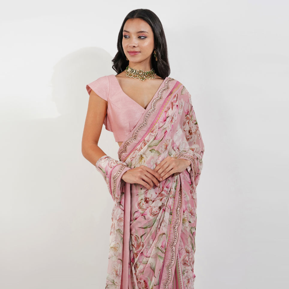 vintage Floral Chiffon saree by devyanimehrotra.com with embroidered saree, pink saree, printed saree, summer saree at Kamakhyaa for sustainable fashion