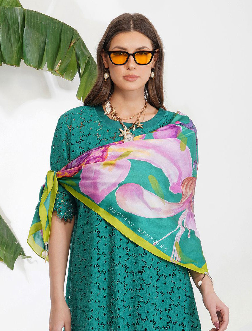 IRIS PRINT SCARF GREEN by devyanimehrotra.com with at Kamakhyaa for sustainable fashion