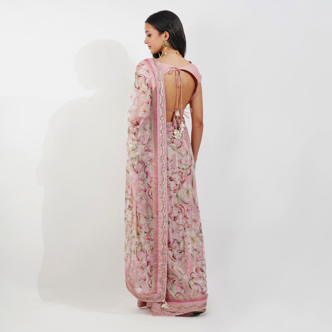 vintage Floral Chiffon saree by devyanimehrotra.com with embroidered saree, pink saree, printed saree, summer saree at Kamakhyaa for sustainable fashion