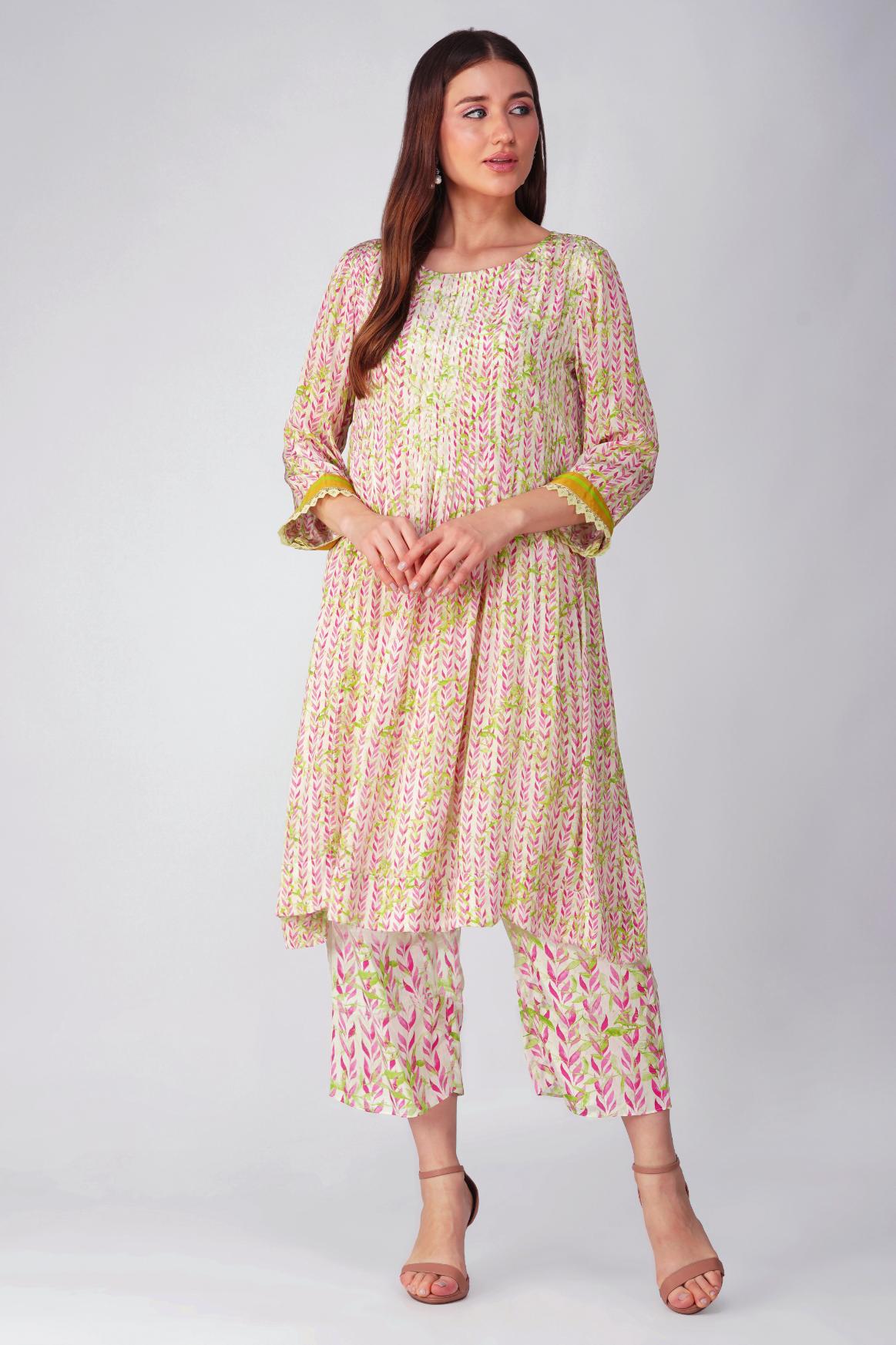 PINK LEAF PLEATED TUNIC SET by devyanimehrotra.com with at Kamakhyaa for sustainable fashion