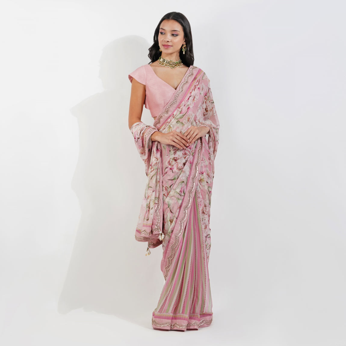 vintage Floral Chiffon saree by devyanimehrotra.com with embroidered saree, pink saree, printed saree, summer saree at Kamakhyaa for sustainable fashion