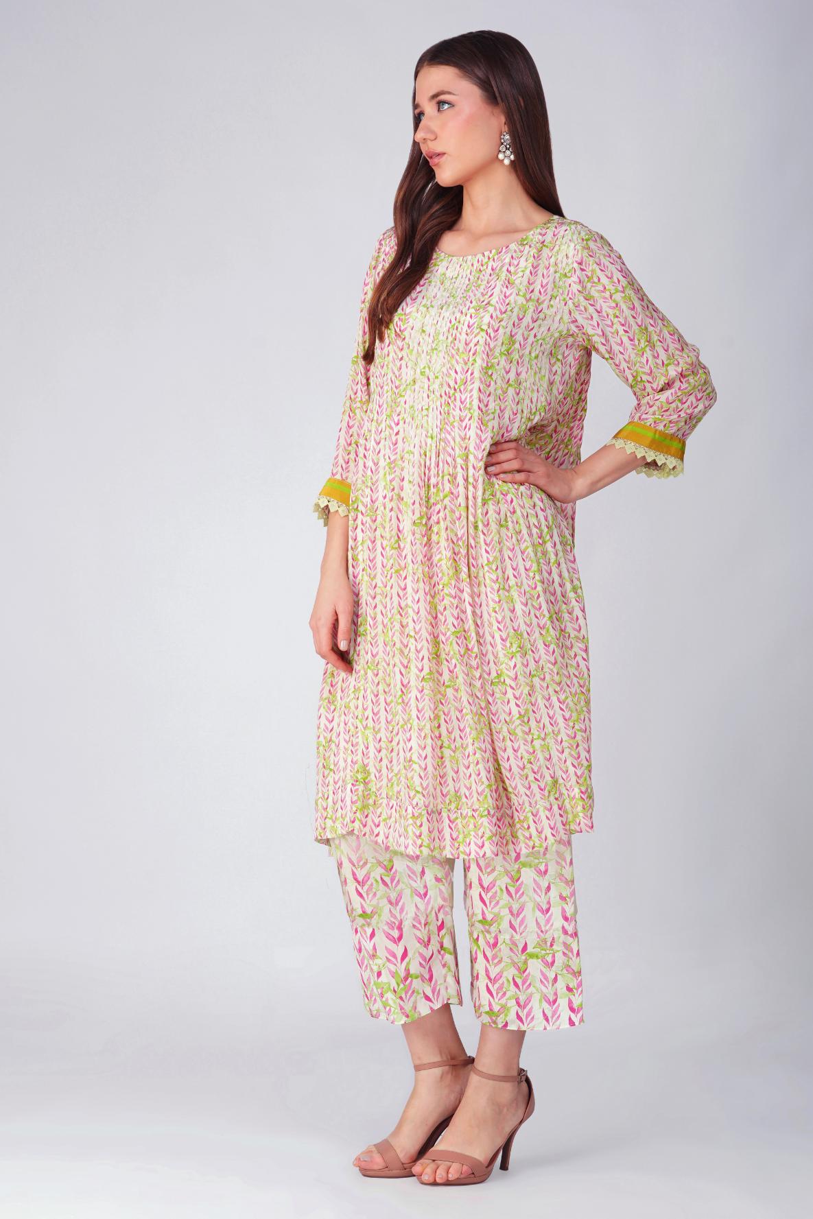 PINK LEAF PLEATED TUNIC SET by devyanimehrotra.com with at Kamakhyaa for sustainable fashion