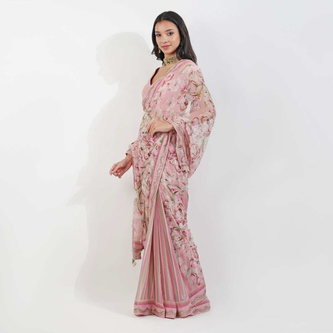 vintage Floral Chiffon saree by devyanimehrotra.com with embroidered saree, pink saree, printed saree, summer saree at Kamakhyaa for sustainable fashion