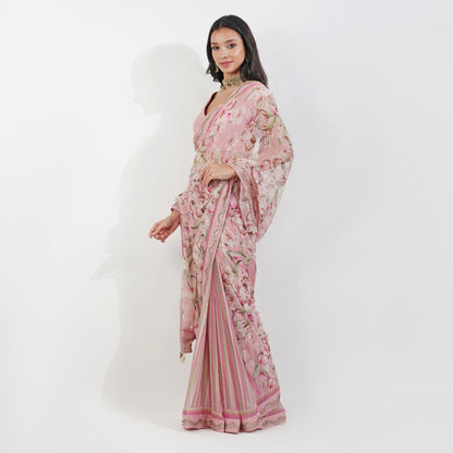 vintage Floral Chiffon saree by devyanimehrotra.com with embroidered saree, pink saree, printed saree, summer saree at Kamakhyaa for sustainable fashion