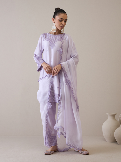 Purple Boat Neck Kurta Set with dupatta by RoohbyRidhimaa with Avani by RoohbyRidhimaa, Ethnic Wear, Kurta Set with Dupattas, Purple, Relaxed Fit, Resham Embroidered, Silk Organza, Toxin free, Viscose Raw Silk at Kamakhyaa for sustainable fashion