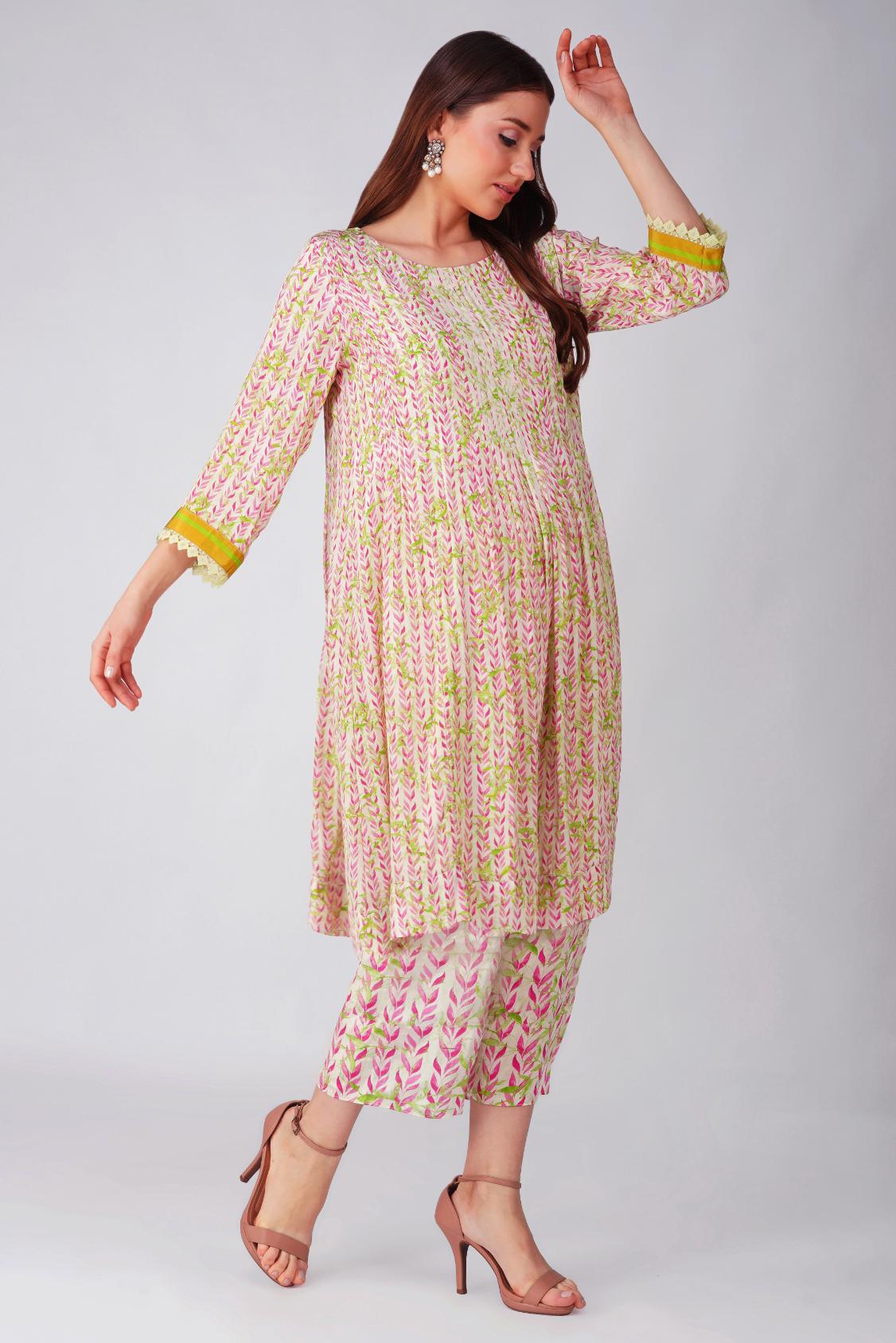 PINK LEAF PLEATED TUNIC SET by devyanimehrotra.com with at Kamakhyaa for sustainable fashion