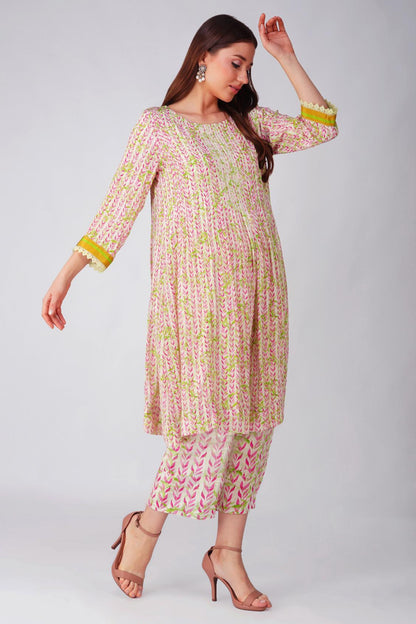 PINK LEAF PLEATED TUNIC SET by devyanimehrotra.com with at Kamakhyaa for sustainable fashion