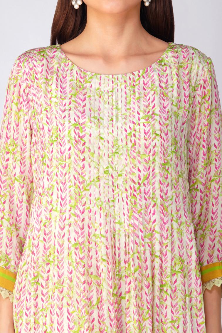 PINK LEAF PLEATED TUNIC SET by devyanimehrotra.com with at Kamakhyaa for sustainable fashion