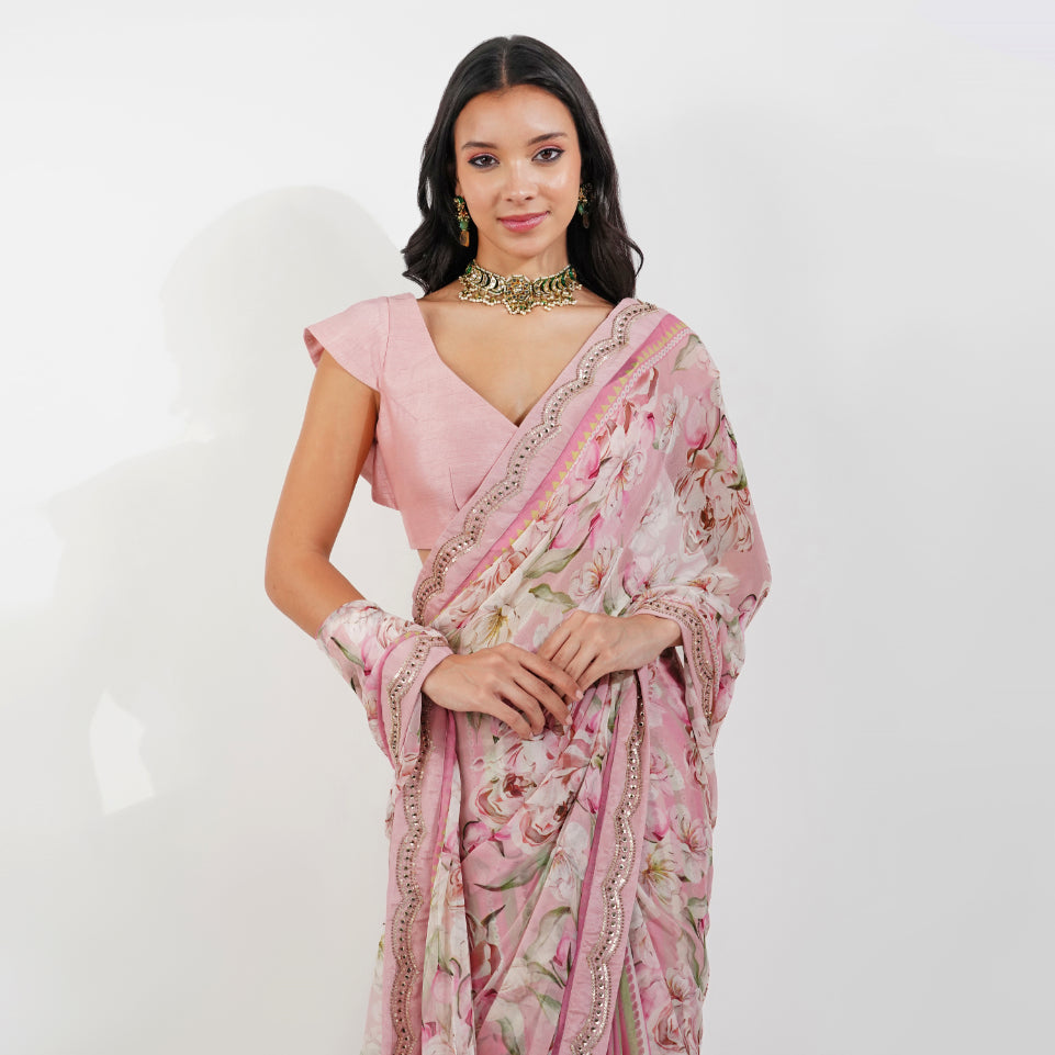 vintage Floral Chiffon saree by devyanimehrotra.com with embroidered saree, pink saree, printed saree, summer saree at Kamakhyaa for sustainable fashion