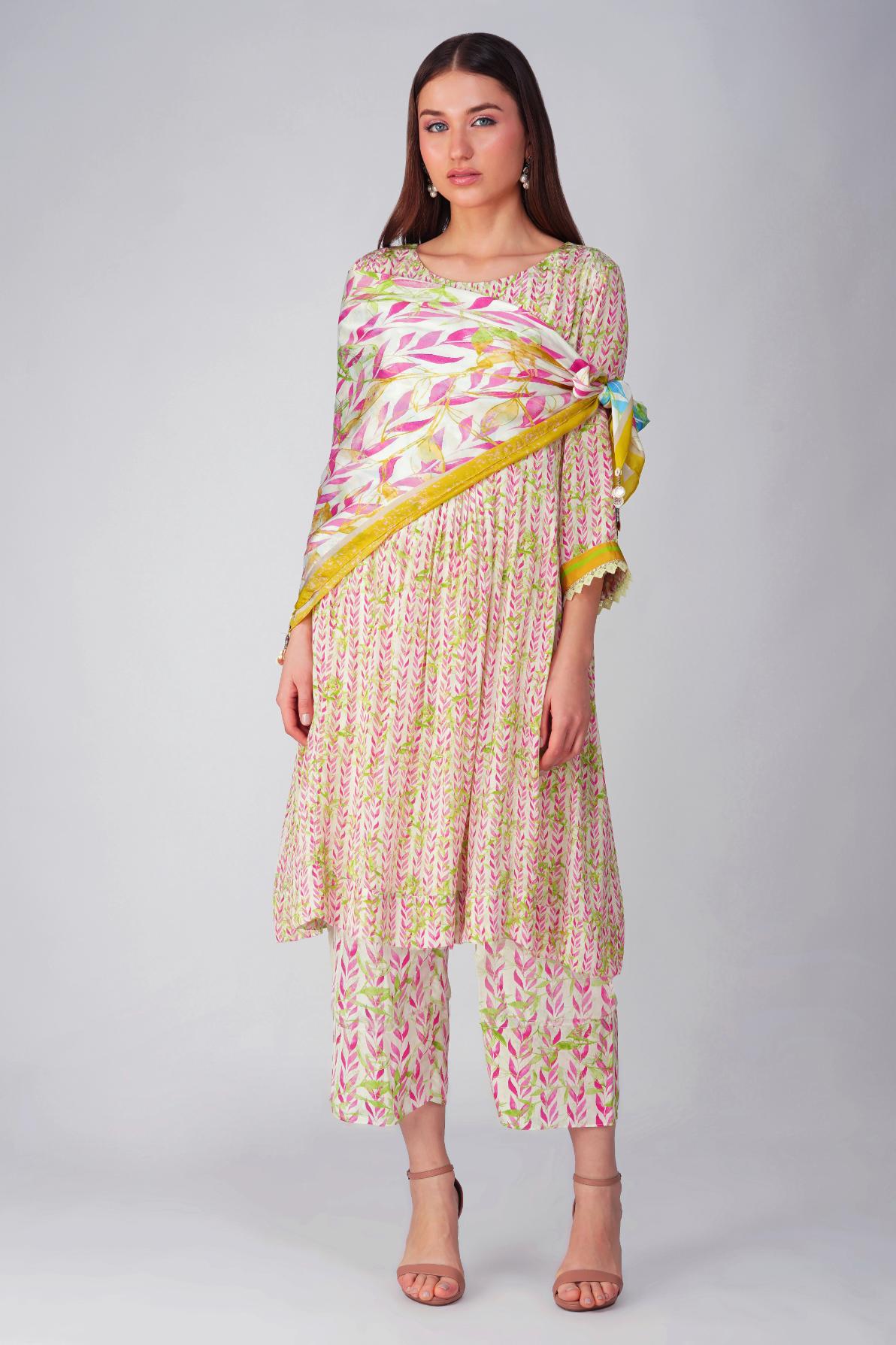 PINK LEAF PLEATED TUNIC SET by devyanimehrotra.com with at Kamakhyaa for sustainable fashion