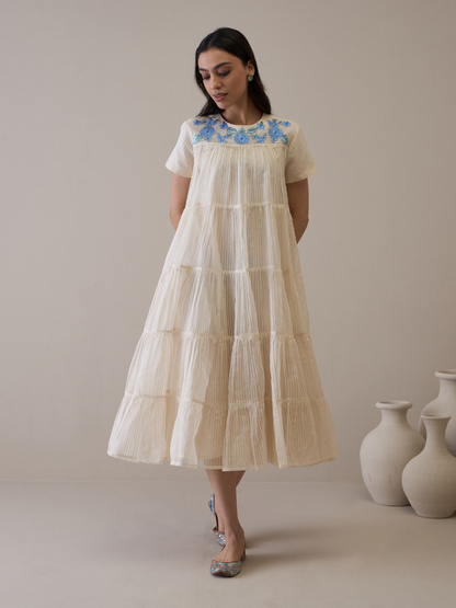 White Beautiful Dress with Embroidered Neck by RoohbyRidhimaa with Avani by RoohbyRidhimaa, Casual Wear, Handloom Silk Organza, Relaxed Fit, Resham Embroidered, Silk Organza, Toxin free, White at Kamakhyaa for sustainable fashion