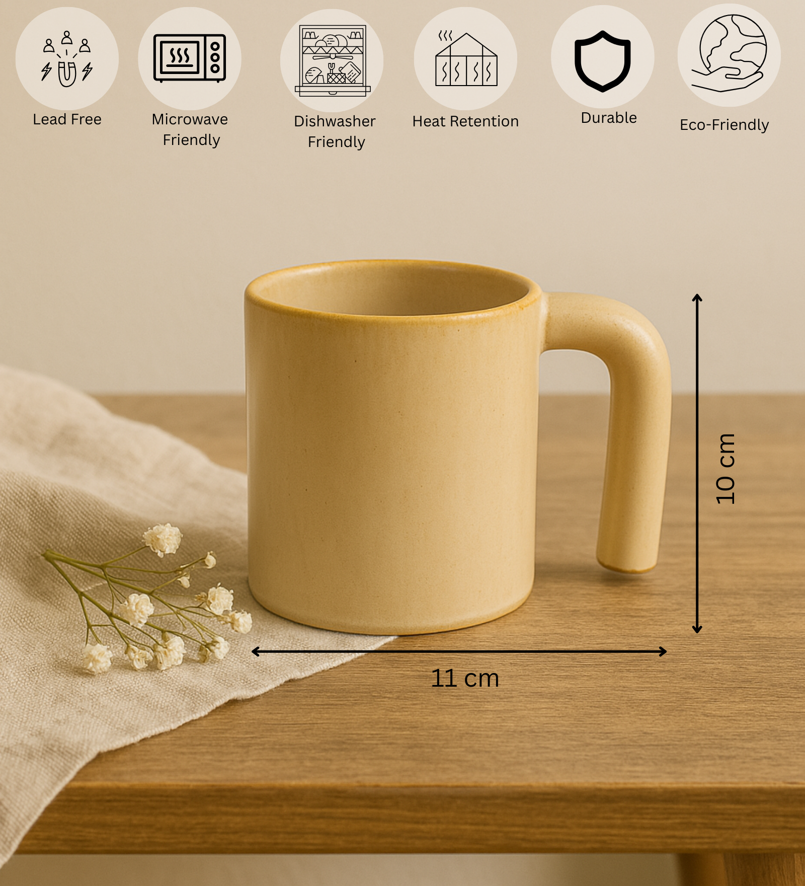 Modern Soleil Mug – Warm Ochre Stoneware with Sculptural Handle by Aetherea World with at Kamakhyaa for sustainable fashion