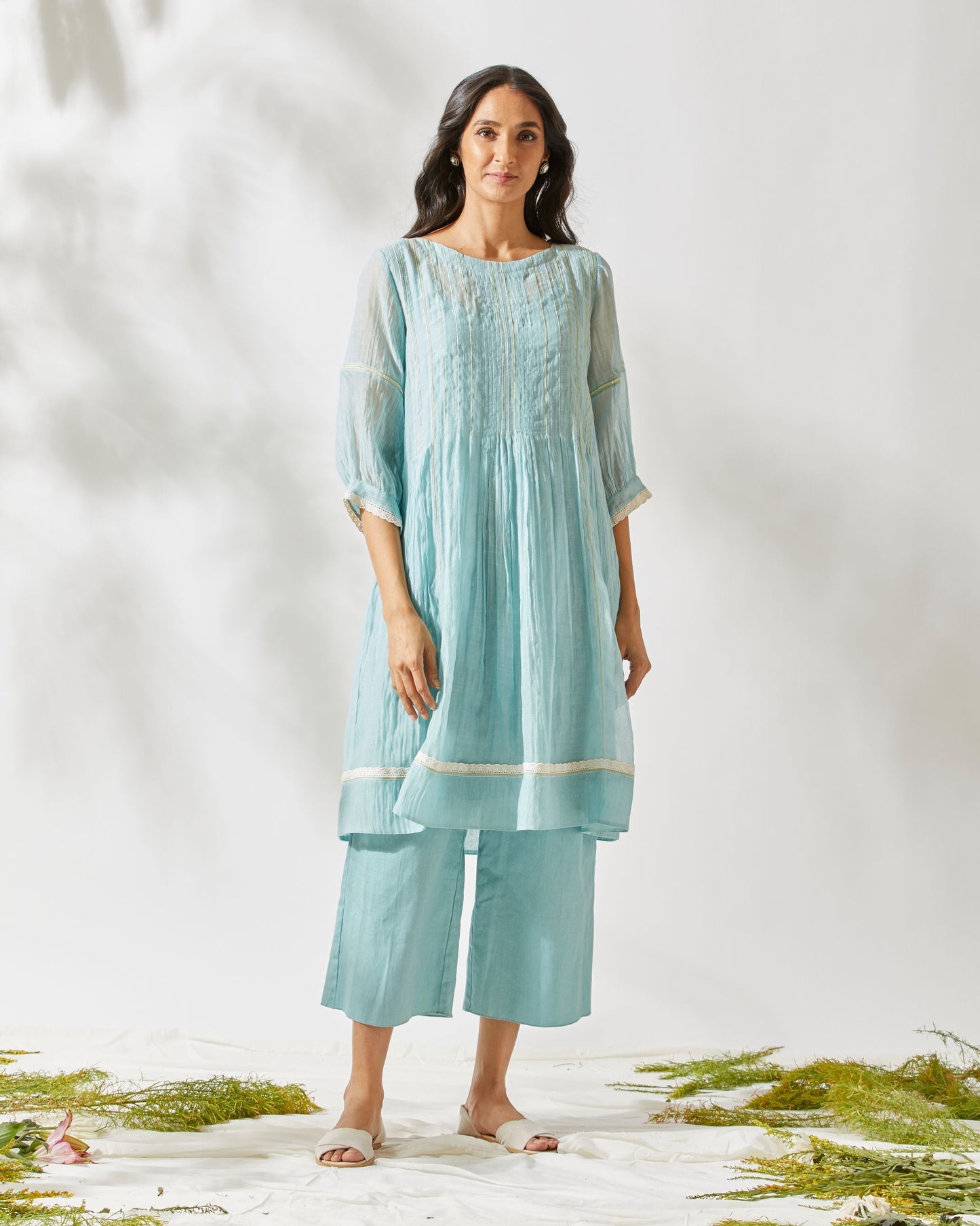 VINTAGE FLIRTY PLEATS TUNIC SET by devyanimehrotra.com with at Kamakhyaa for sustainable fashion