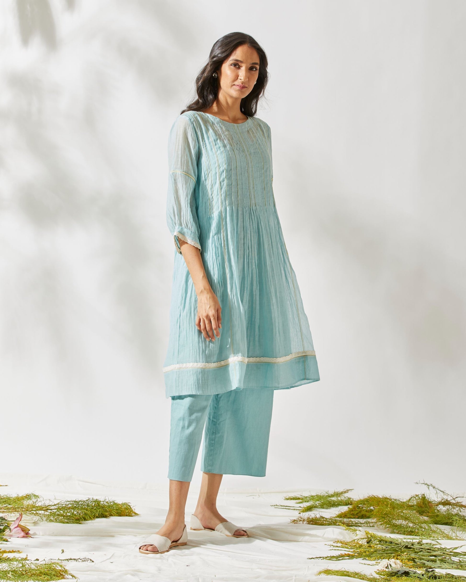 VINTAGE FLIRTY PLEATS TUNIC SET by devyanimehrotra.com with at Kamakhyaa for sustainable fashion