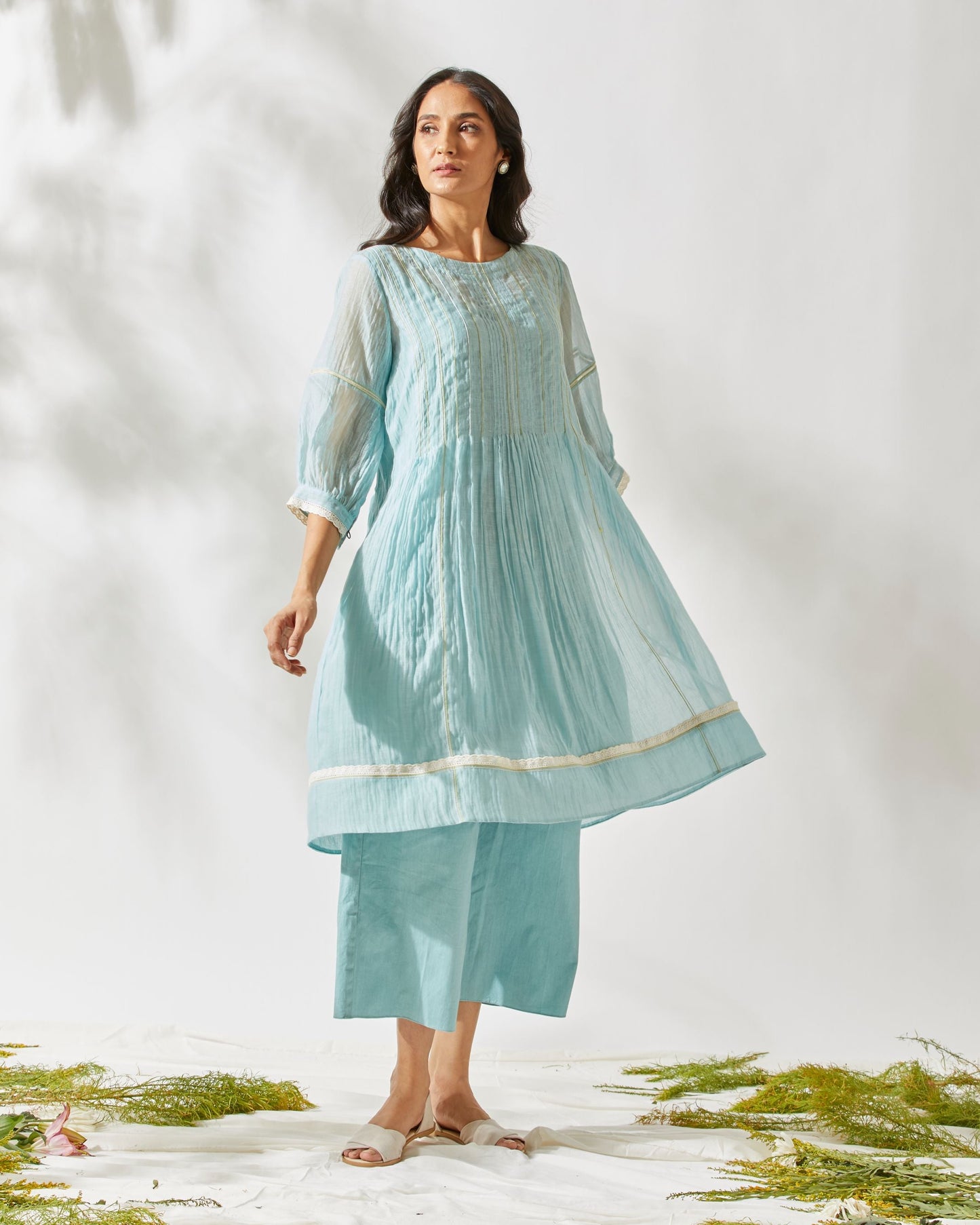 VINTAGE FLIRTY PLEATS TUNIC SET by devyanimehrotra.com with at Kamakhyaa for sustainable fashion