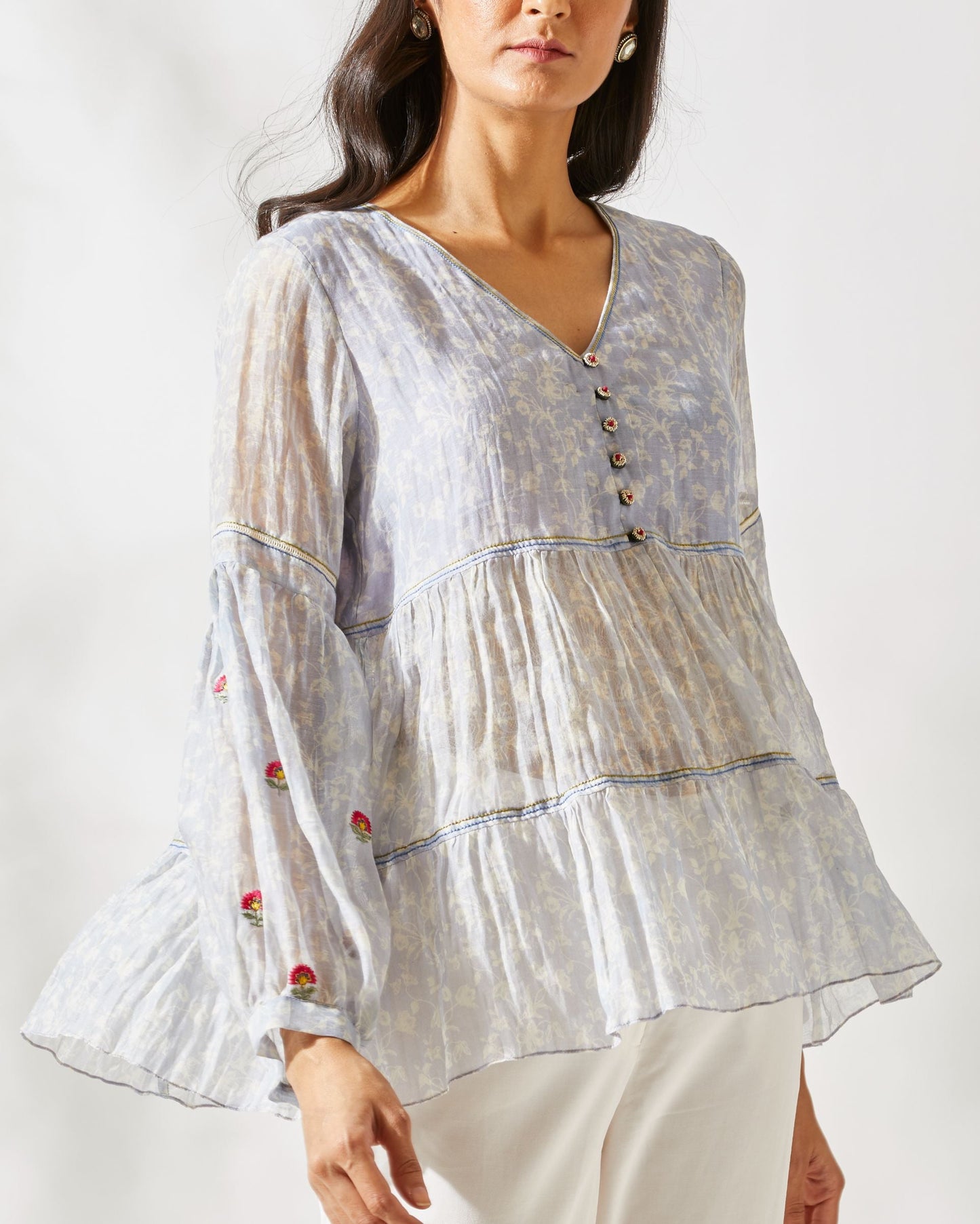 MIRROR WORK TIERED TOP by devyanimehrotra.com with printed tops, tops at Kamakhyaa for sustainable fashion